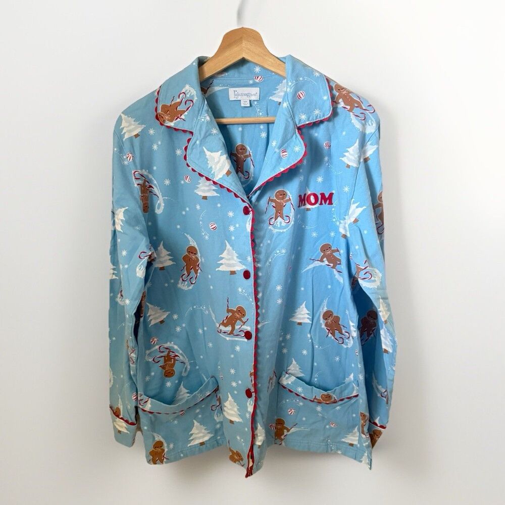 PajamaGram Company Gingerbread Mom Print Button Up Pajama Top Womens Small
